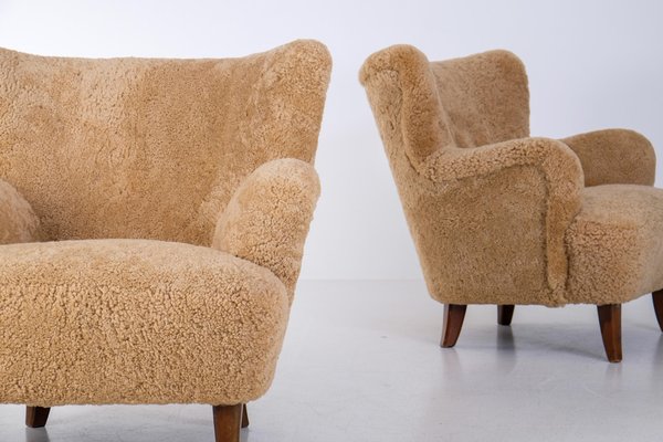 Laila Armchairs in Sheepskin by Ilmari Lappalainen for Asko, 1950s, Set of 2-QU-1761361