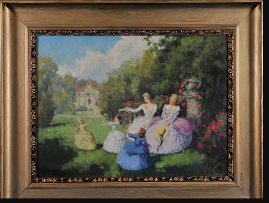 Lajos Bruck, Garden Fun, 1800s-1900s, Oil on Canvas-QOR-2023478