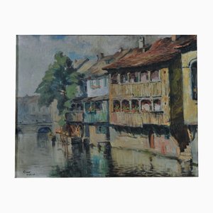 Lajos Gimes, Erfurt Riverbank with a Bridge, 1900s, Oil on Canvas-QOR-2023486