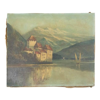 Landscape Chateau Chillon Leman Lake, Switzerland, Late 19th-Century, Oil on Canvas-RIU-1362393