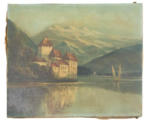 Landscape Chateau Chillon Leman Lake, Switzerland, Late 19th-Century, Oil on Canvas-RIU-1362393