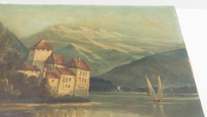 Landscape Chateau Chillon Leman Lake, Switzerland, Late 19th-Century, Oil on Canvas-RIU-1362393