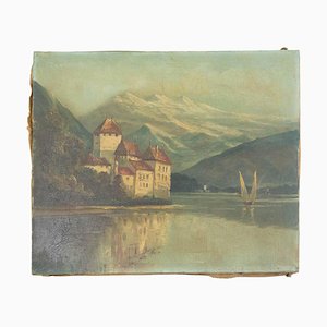 Landscape Chateau Chillon Leman Lake, Switzerland, Late 19th-Century, Oil on Canvas-RIU-1362393