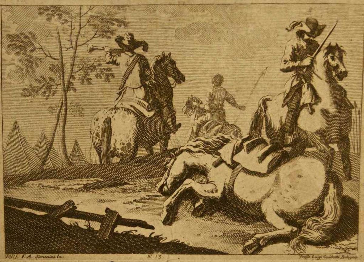 Landscape - Soldiers on Horseback - Original Etching by F. Simonini - 1720 ca. 1720 ca.