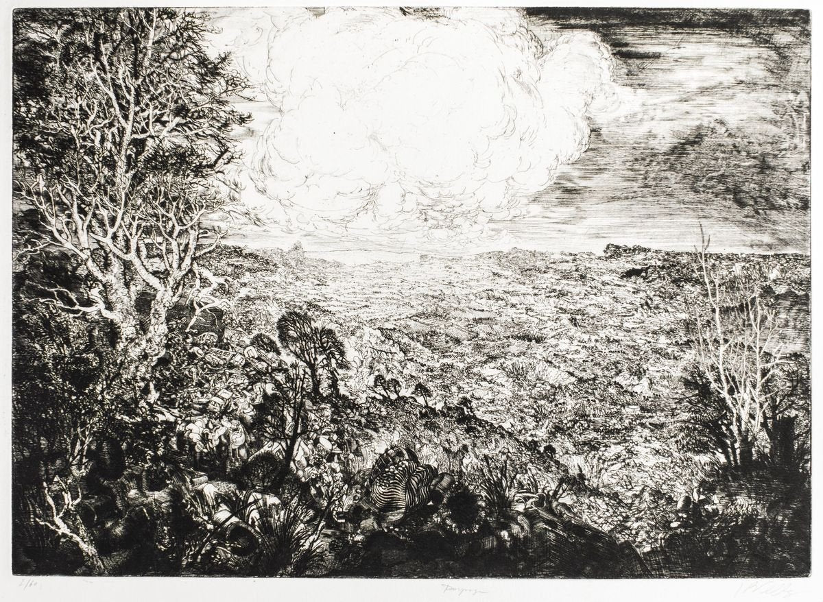 Landscape with Cars - Original Etching by J.P. Velly - 1969 1969