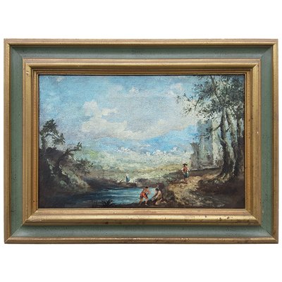 Landscape with Characters by the River, Oil on Canvas, Framed-BEW-2023598