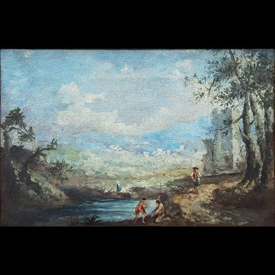 Landscape with Characters by the River, Oil on Canvas, Framed-BEW-2023598