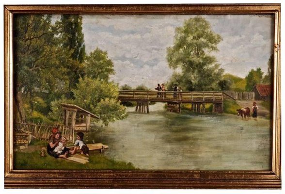 Landscape with Children Playing, 19th Century, Oil on Wood, Framed-FLW-1401924