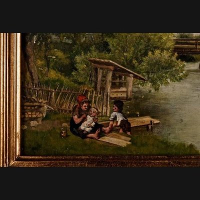 Landscape with Children Playing, 19th Century, Oil on Wood, Framed-FLW-1401924