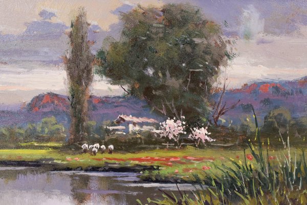 Landscape with Red Flowers, 20th-Century, Oil on Board, Framed-AOI-1106688