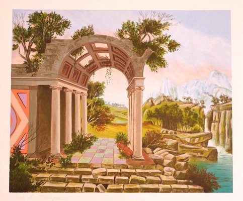 Landscape with Ruins - Original Lithograph - Late 20th Century-ZCI-909849