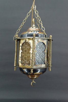 Lantern in Brass and Coloured Glass, North Africa, 20th Century-XNH-1804461