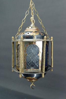 Lantern in Brass and Coloured Glass, North Africa, 20th Century-XNH-1804461