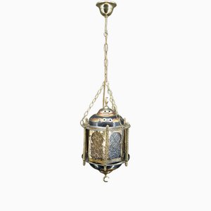 Lantern in Brass and Coloured Glass, North Africa, 20th Century-XNH-1804461