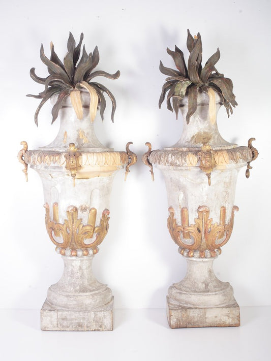 Large 18th Century Bohemian Decorative Lime Wood Vases, Set of 2