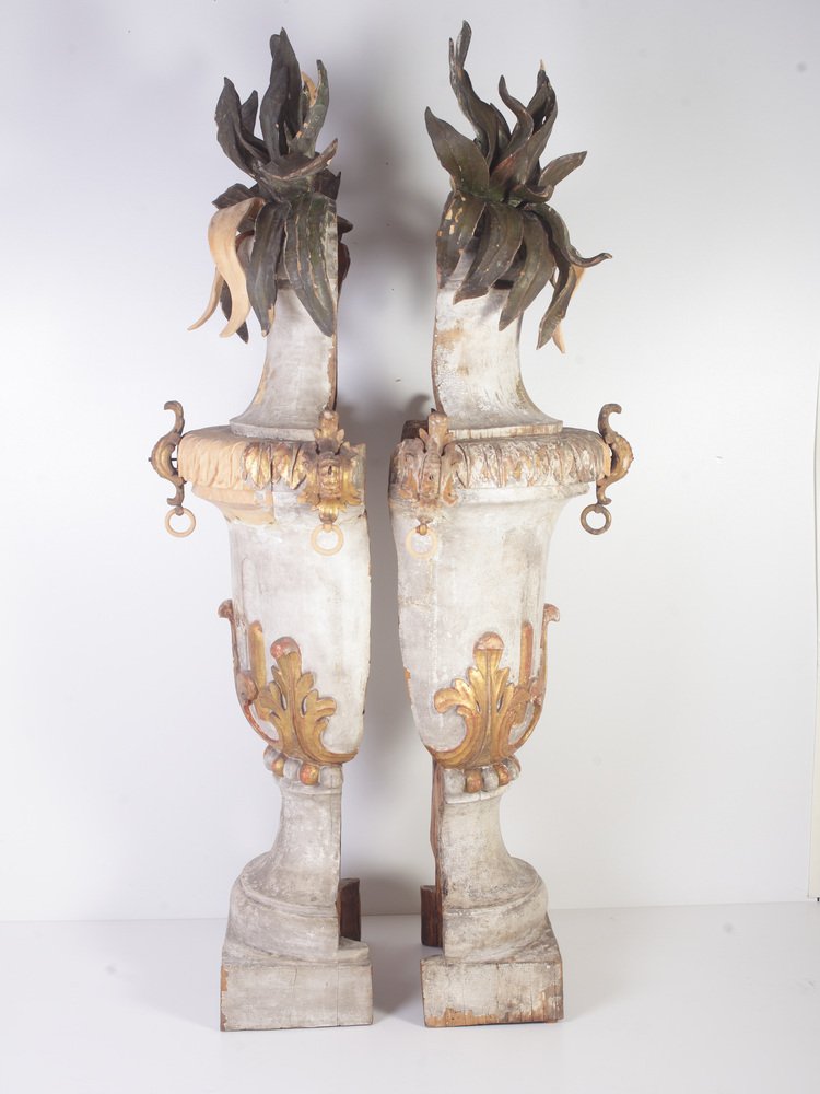 Large 18th Century Bohemian Decorative Lime Wood Vases, Set of 2