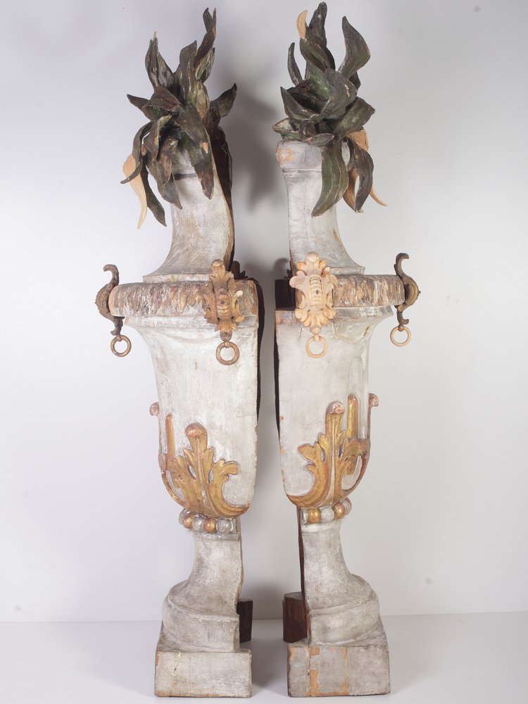 Large 18th Century Bohemian Decorative Lime Wood Vases, Set of 2