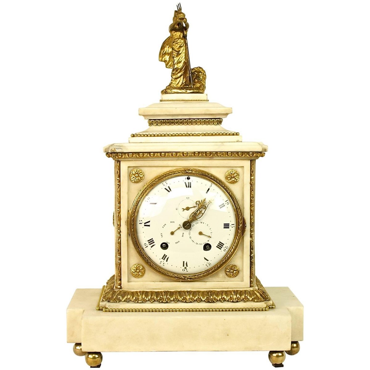 Large 18th Century Louis XVI White Marble Mantel Clock Representing Athena