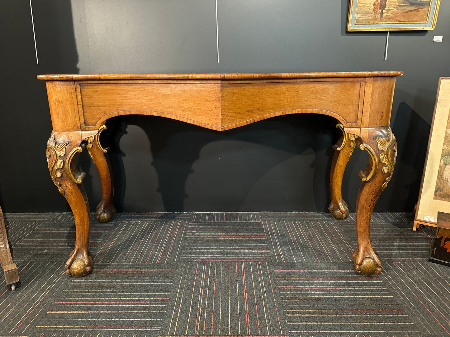 Large 19th Century English Console with Ball Feet Enclosed with Claws & Carved and Gilded Feet