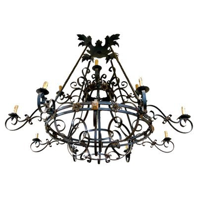 Large 19th Century French Wrought Iron Twelve-Light Chandelier-MJY-1313712