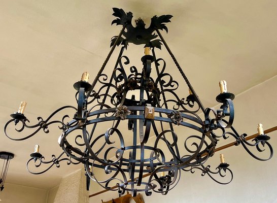 Large 19th Century French Wrought Iron Twelve-Light Chandelier-MJY-1313712