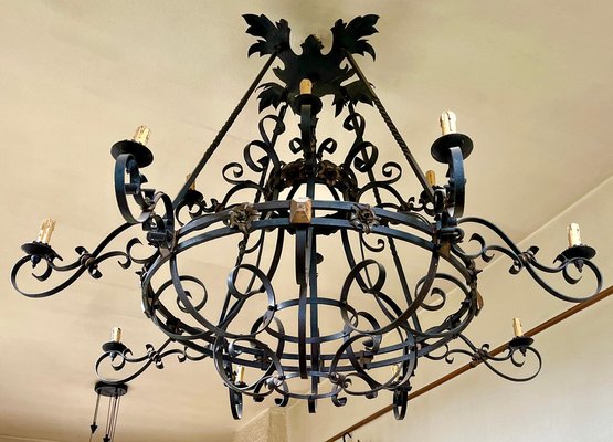 Large 19th Century French Wrought Iron Twelve-Light Chandelier-MJY-1313712