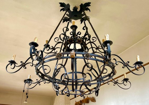 Large 19th Century French Wrought Iron Twelve-Light Chandelier-MJY-1313712