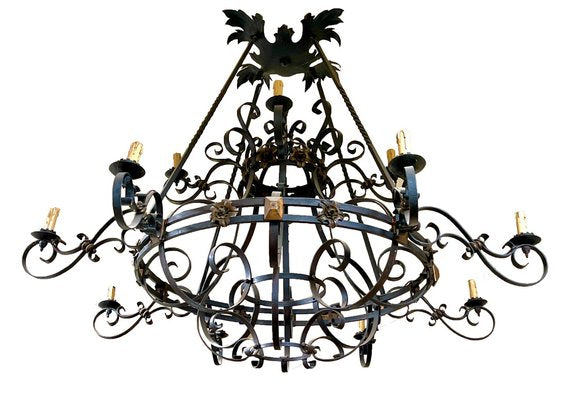 Large 19th Century French Wrought Iron Twelve-Light Chandelier-MJY-1313712