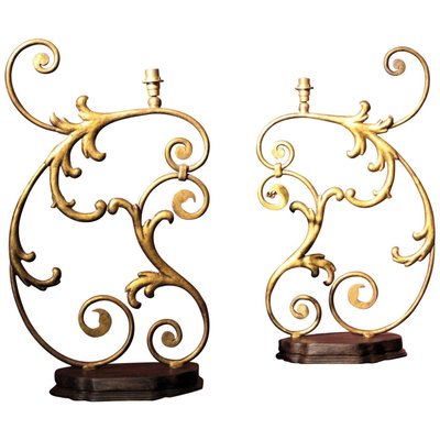 Large 19th Century Italian Gilt Handwrought Iron Scale One Light Table Lamps, Set of 2-AXE-1433370