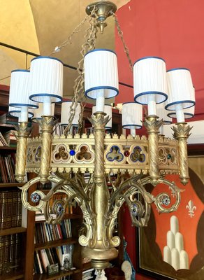 Large 19th Century Italian Gothic Revival Gilt Bronze and Enameld 12 Candle Lights Chandelier-AXE-1741565