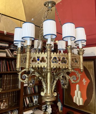 Large 19th Century Italian Gothic Revival Gilt Bronze and Enameld 12 Candle Lights Chandelier-AXE-1741565