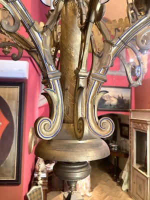 Large 19th Century Italian Gothic Revival Gilt Bronze and Enameld 12 Candle Lights Chandelier-AXE-1741565