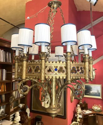 Large 19th Century Italian Gothic Revival Gilt Bronze and Enameld 12 Candle Lights Chandelier-AXE-1741565