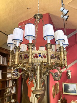 Large 19th Century Italian Gothic Revival Gilt Bronze and Enameld 12 Candle Lights Chandelier-AXE-1741565