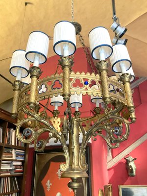 Large 19th Century Italian Gothic Revival Gilt Bronze and Enameld 12 Candle Lights Chandelier-AXE-1741565