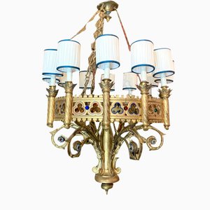 Large 19th Century Italian Gothic Revival Gilt Bronze and Enameld 12 Candle Lights Chandelier-AXE-1741565