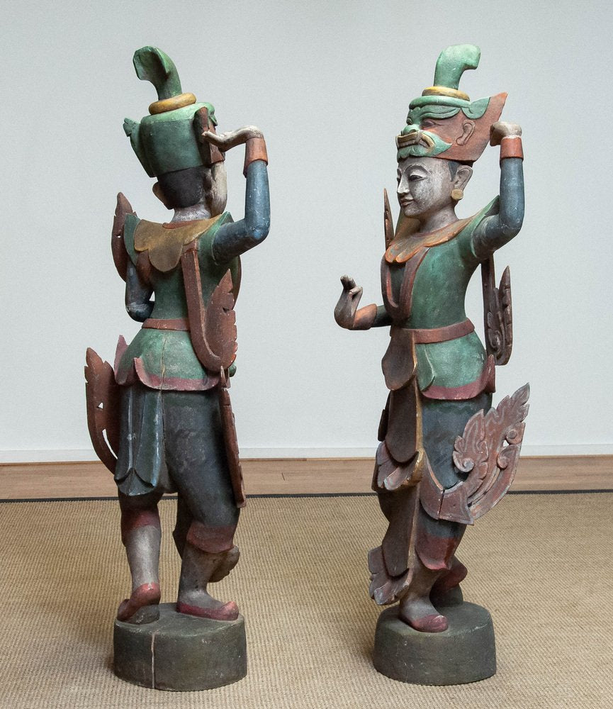 Large 19th Century Polychromed Burmese Nat Temple Dancers, Set of 2