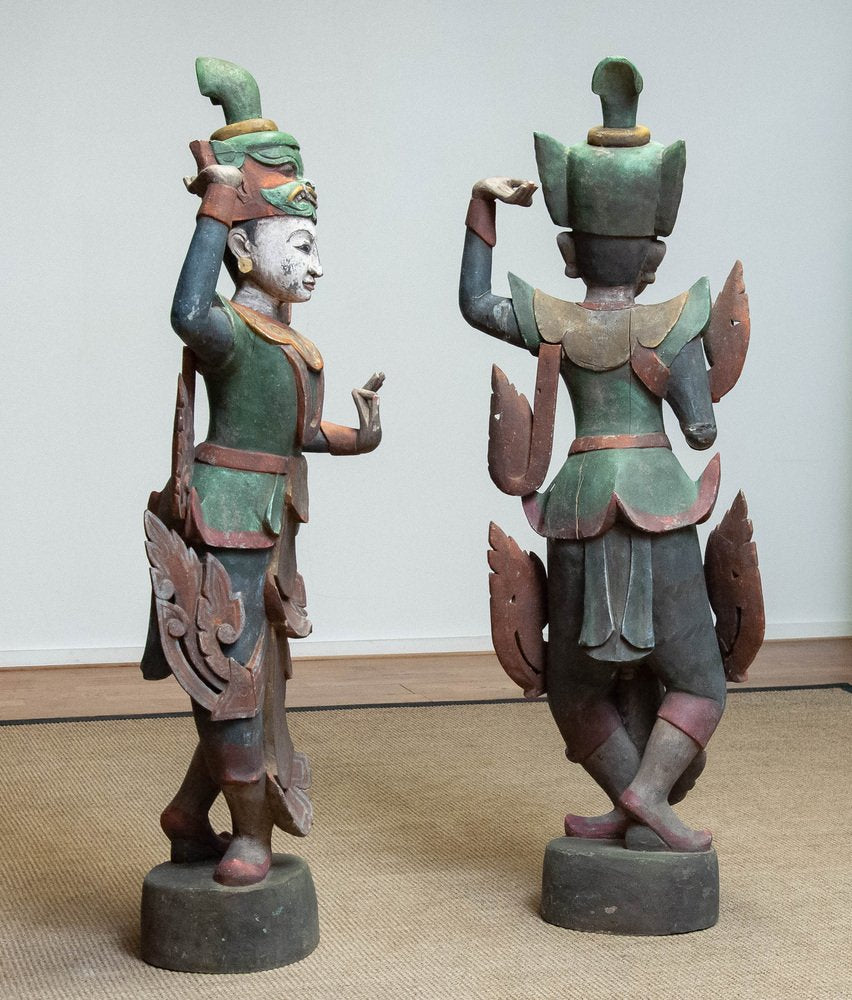 Large 19th Century Polychromed Burmese Nat Temple Dancers, Set of 2