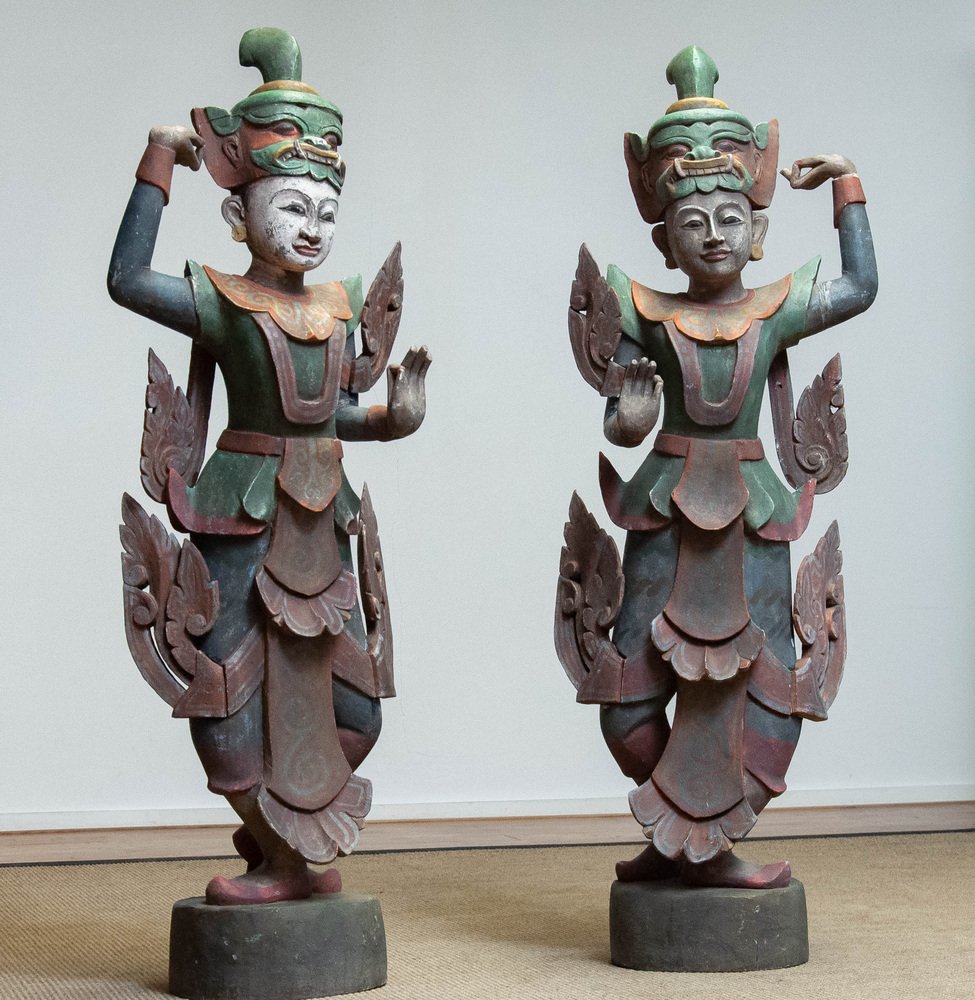 Large 19th Century Polychromed Burmese Nat Temple Dancers, Set of 2