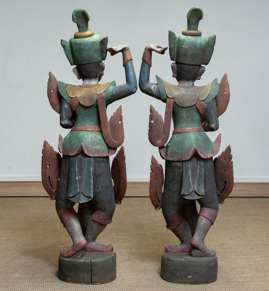 Large 19th Century Polychromed Burmese Nat Temple Dancers, Set of 2