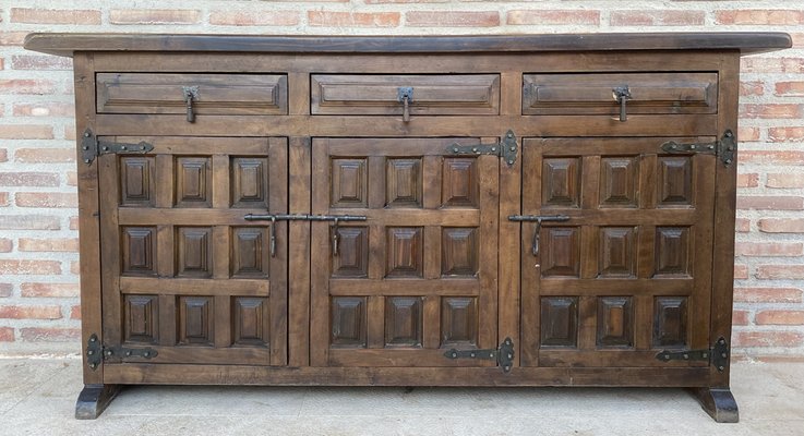 Large 20th Century Catalan Spanish Baroque Carved Walnut Tuscan Credenza or Buffet, 1900s-NOU-1718555