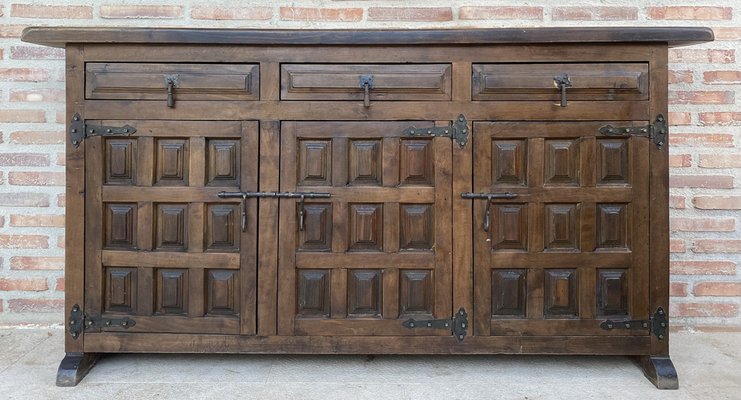 Large 20th Century Catalan Spanish Baroque Carved Walnut Tuscan Credenza or Buffet, 1900s-NOU-1718555