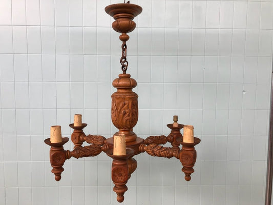 Large 6-Light Chandelier in Carved Walnut, Italy, 1920s