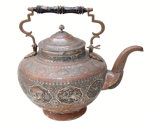 Large Antique Central Asian Engraved Copper Teapot-UZN-1389367