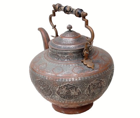 Large Antique Central Asian Engraved Copper Teapot-UZN-1389367