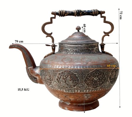 Large Antique Central Asian Engraved Copper Teapot-UZN-1389367