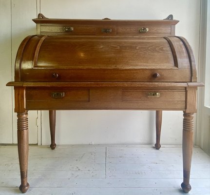 Large Antique Cylinder Writing Desk in Oak-WZZ-970364