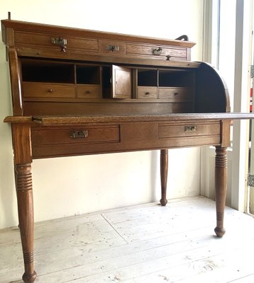 Large Antique Cylinder Writing Desk in Oak-WZZ-970364