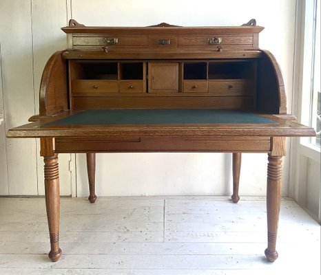 Large Antique Cylinder Writing Desk in Oak-WZZ-970364