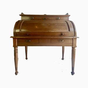 Large Antique Cylinder Writing Desk in Oak-WZZ-970364